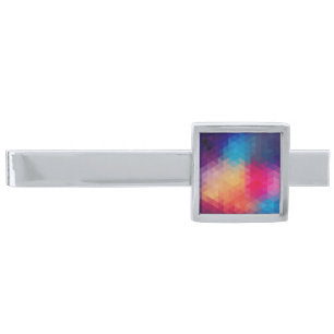 Colorful Modern Mosaic Geometric Pattern Silver Finish Tie Bar
