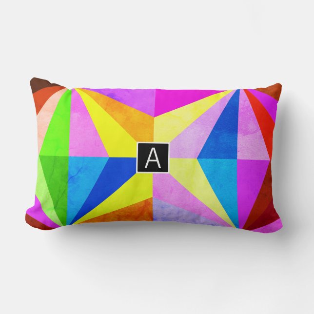 Colorful Modern Multi-Colored Geometric | Monogram Lumbar Pillow (Front)