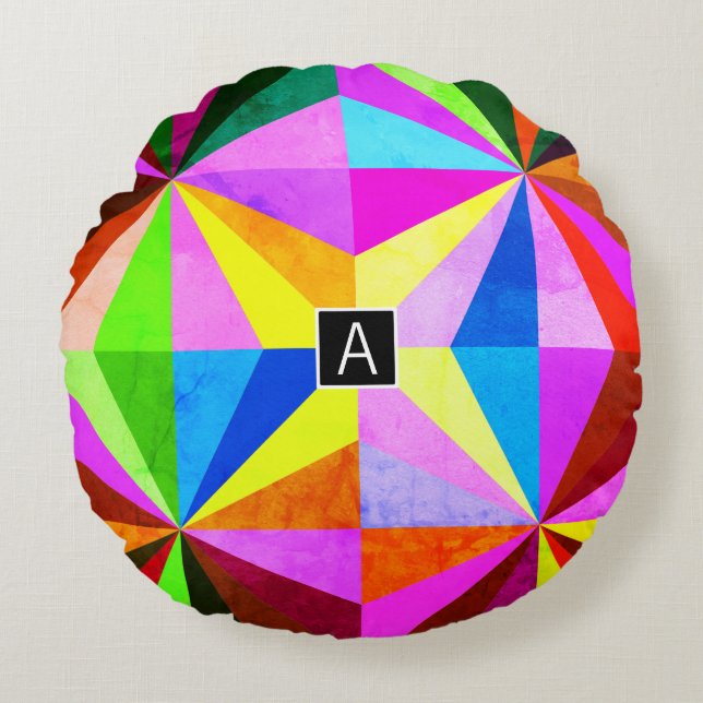 Colorful Modern Multi-Colored Geometric | Monogram Round Pillow (Front)