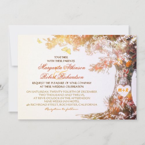 colorful modern oak tree wedding invitations