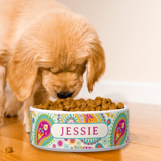 Colorful Modern Paisley Floral Personalized Name Bowl (Creator Uploaded)