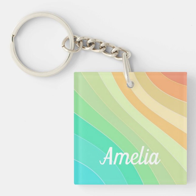 Colorful Modern Pastel Waves Pattern Personalised Keychain (Front)