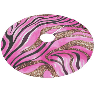 Colorful Modern Pink Glitter Tiger Stripes Pattern Fleece Tree Skirt