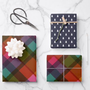 Colorful Modern Plaid and Trees Christmas Wrapping Paper Sheets