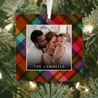 Colorful Modern Plaid Christmas Photo  Metal Ornament