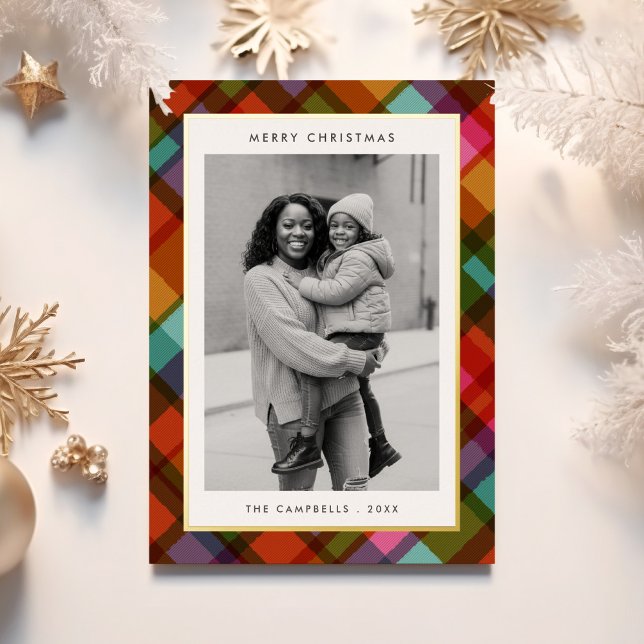 Colorful Modern Plaid Photo Christmas Foil Holiday Card (Creator Uploaded)