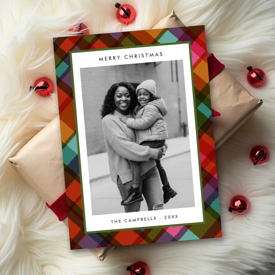 Colorful Modern Plaid Photo Christmas Holiday Card