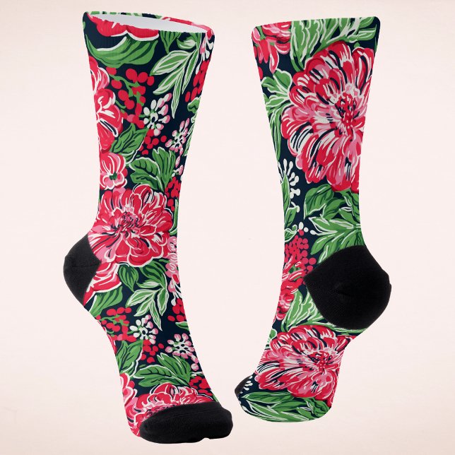 Colorful Modern Preppy Winter Flowers Christmas Socks (Creator Uploaded)