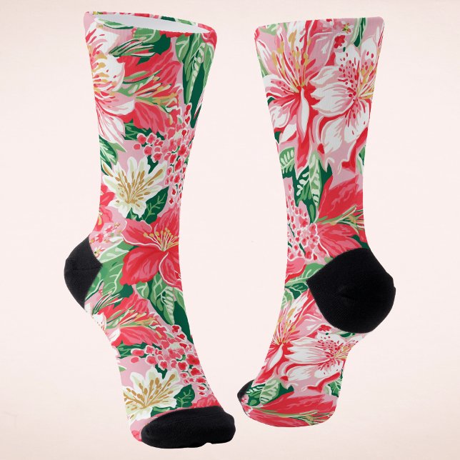 Colorful Modern Preppy Winter Flowers Christmas Socks (Creator Uploaded)