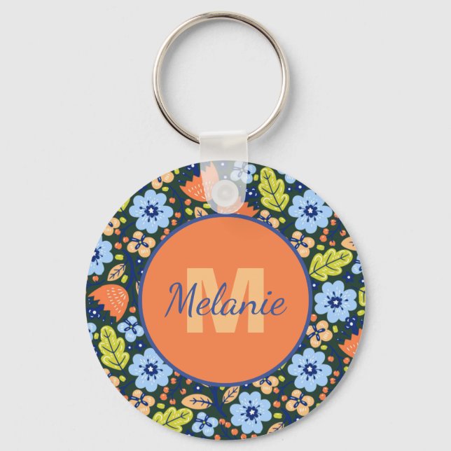 Colorful Modern Pretty Flower Pattern Personalised Keychain (Front)