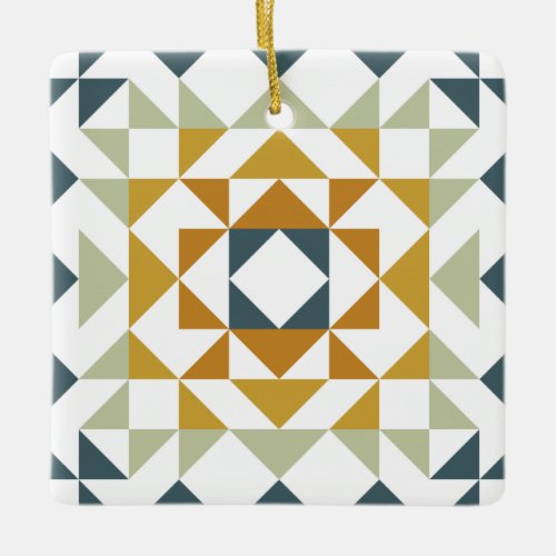 Colorful Modern Quilt Block Geometric Earthy Teal  Ceramic Ornament