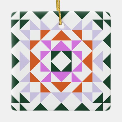 Colorful Modern Quilt Block Geometric Green Purple Ceramic Ornament