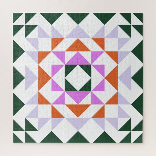 Colorful Modern Quilt Block Geometric Green Purple Jigsaw Puzzle