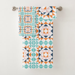 Colorful Modern Quilt Block Geometric Pattern Bath Towel Set