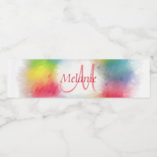 Colorful Modern Rainbow Abstract Monogram Template Water Bottle Label (Single Label)