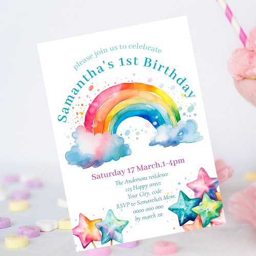 Colorful Modern Rainbow Girly Birthday Invitation