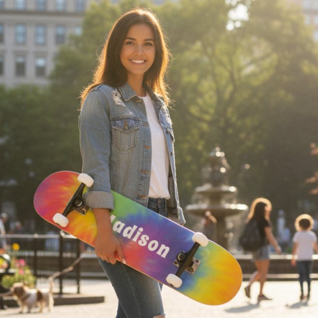 Colorful Modern Rainbow Tie Dye Swirl Custom Name Skateboard (Creator Uploaded)