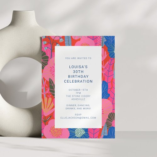 Colorful Modern Red Floral 30th Birthday Party Invitation