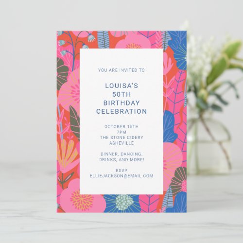 Colorful Modern Red Floral 50th Birthday Party Invitation