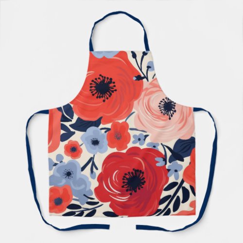 Colorful Modern Red White Blue Watercolor Floral  Apron