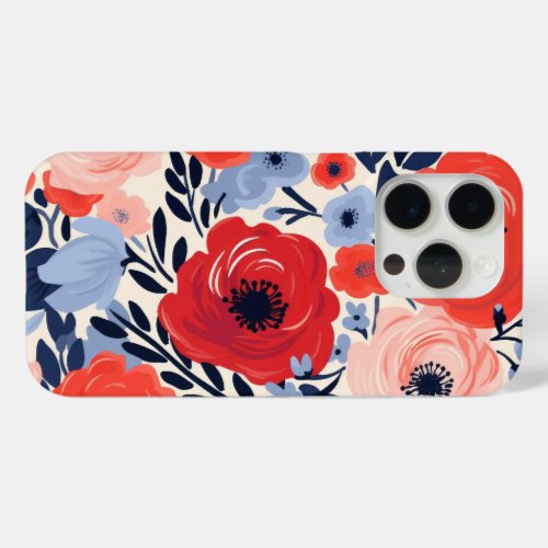 Colorful Modern Red White Blue Watercolor Floral  iPhone 15 Pro Case
