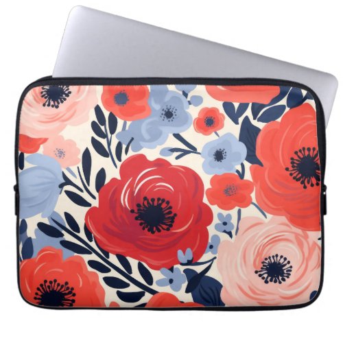 Colorful Modern Red White Blue Watercolor Floral  Laptop Sleeve