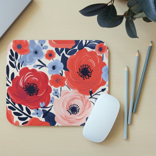 Colorful Modern Red White Blue Watercolor Floral  Mouse Pad