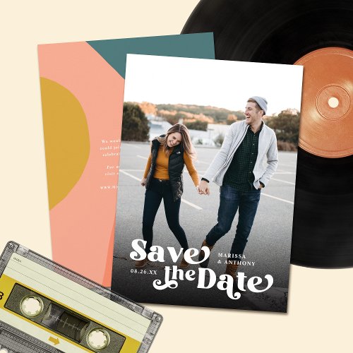 Colorful Modern Retro Full Photo Black Overlay   Save The Date