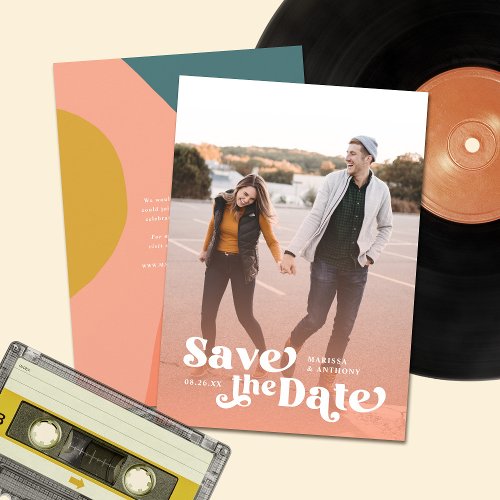 Colorful Modern Retro Full Photo Peach Overlay  Save The Date