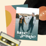 Colorful Modern Retro Full Photo Teal Overlay Save The Date<br><div class="desc">This modern, stylish Save the Date photo card features retro styled typography, a full bleed photo template, and a geometric hand drawn design on the back in dark teal blue, peach, orange / coral, golden yellow, and light lilac pink / purple. A teal gradient overlay on the front adds a...</div>