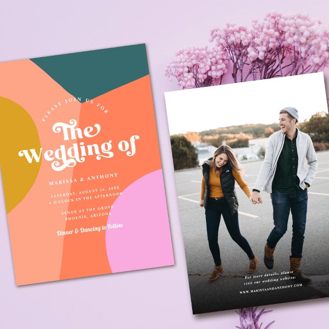 Colorful Modern Retro Wedding Photo Back  Invitation (Creator Uploaded)