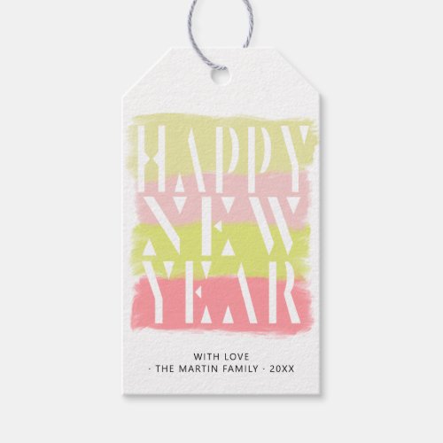 Colorful modern script happy new year gift tags