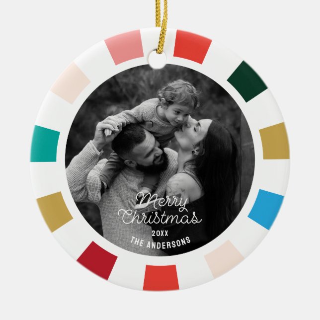 Colorful Modern Script One Photo Holiday  Ceramic Ornament (Front)