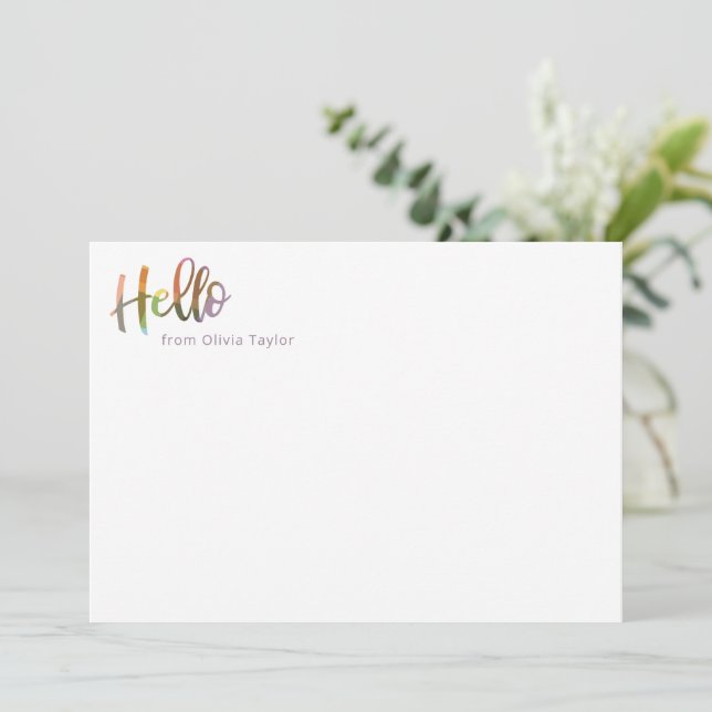 Colorful Modern Script Personalized Hello Name Note Card (Standing Front)