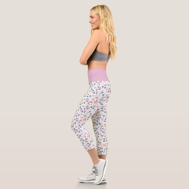 Colorful Modern Spring Wildflowers Pink & Girly Capri Leggings (Left)