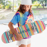 Colorful Modern Stripes Custom Personalized Name Skateboard<br><div class="desc">Colorful Modern Stripes Custom Personalized Name Skateboard features your personalized name in modern typography on a colorful striped background in pink, blue, orange and white. Personalize by editing the text in the text box provided. Give a custom made gift, personalized skateboard to your favorite skateboarder for Christmas, birthday or your...</div>