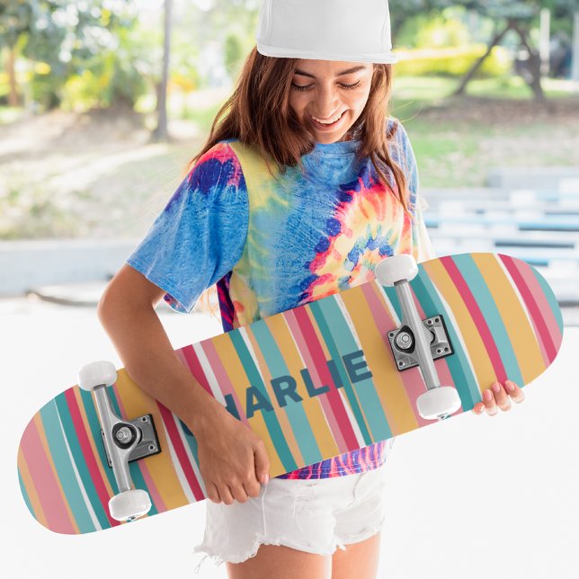 Colorful Modern Stripes Custom Personalized Name Skateboard (Creator Uploaded)