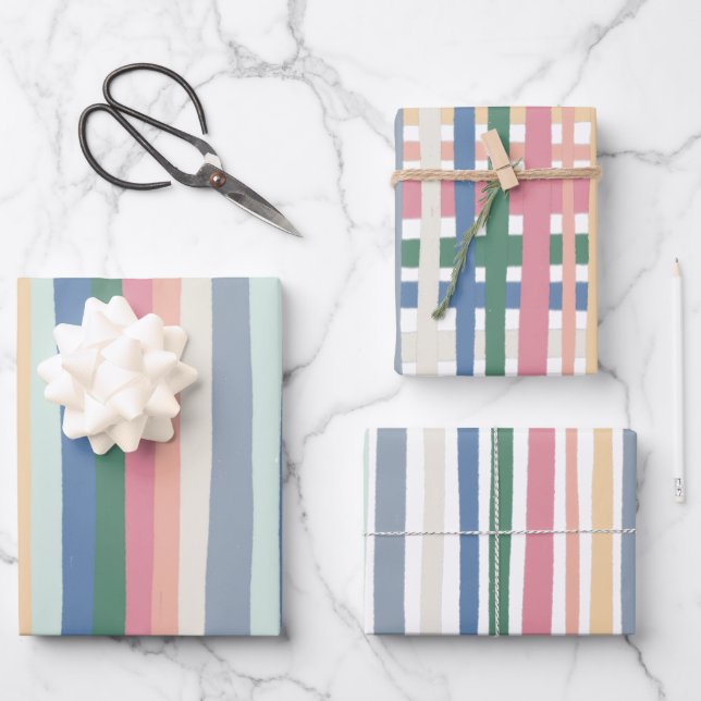 Colorful Modern Stripes Grid Pink Blue Wrapping Paper Sheets (Front)
