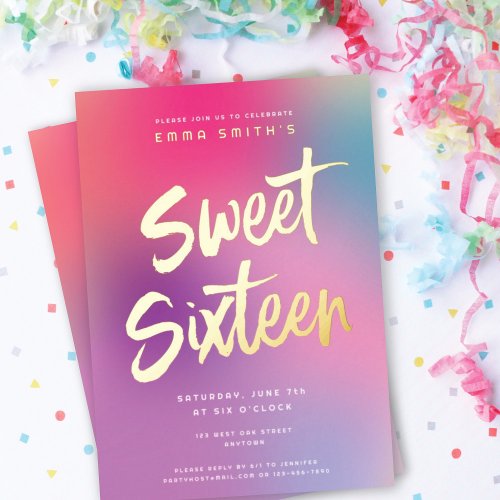 Colorful Modern Sweet Sixteen Birthday Party Gold Foil Invitation