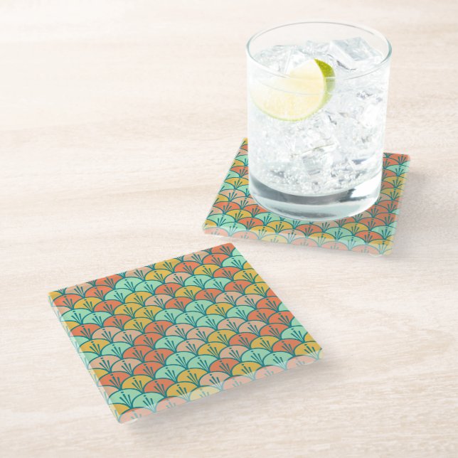 Colorful Modern Trendy Geometric Fish Scale Glass Coaster (Angled)