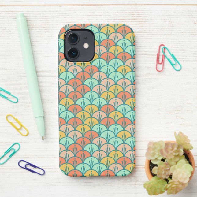 Colorful Modern Trendy Geometric Fish Scale iPhone Case (On Desk)