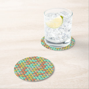 Colorful Modern Trendy Geometric Fish Scale Round Paper Coaster