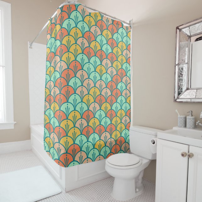 Colorful Modern Trendy Geometric Fish Scale Shower Curtain (In Situ)