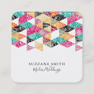 Colorful Modern Triangles White Paisley Overly Square Business Card