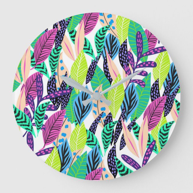 Colorful Modern Tropical Botanical Pattern Large Clock (Front)