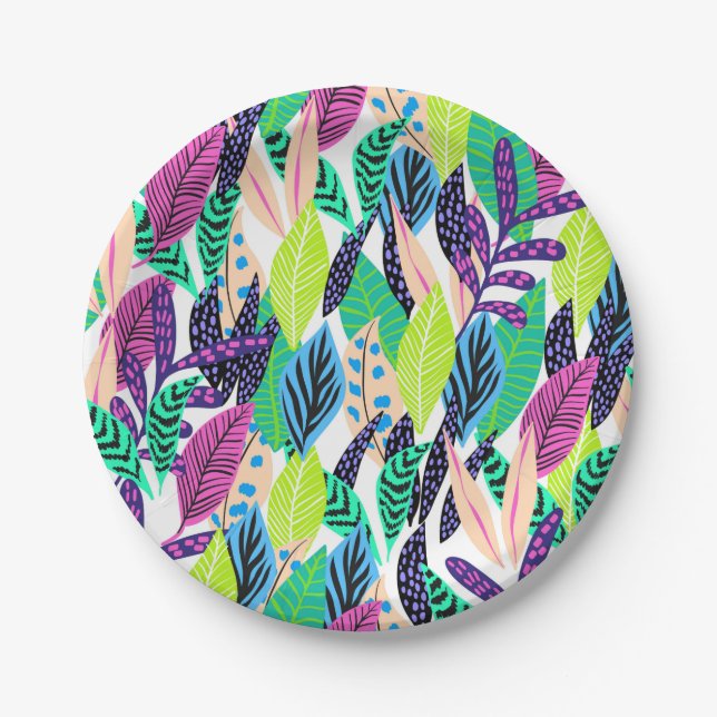 Colorful Modern Tropical Botanical Pattern Paper Plates (Front)