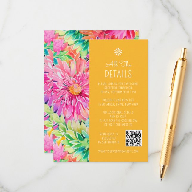 Colorful Modern Tropical Floral Wedding Details Enclosure Card (Front/Back In Situ)