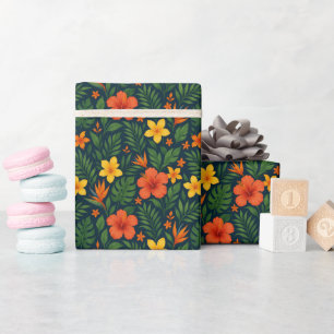 Colorful Modern Tropical Flowers on Navy Blue Wrapping Paper