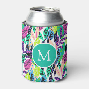 Colorful Modern Tropical Forest Leaves Monogram Can Cooler
