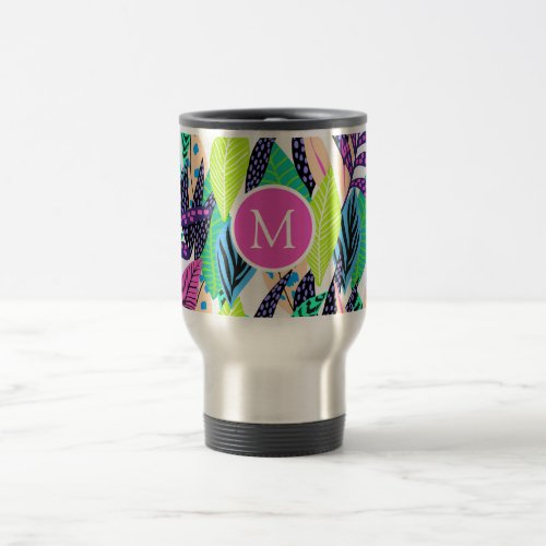 Colorful Modern Tropical Forest Leaves Monogram Travel Mug
